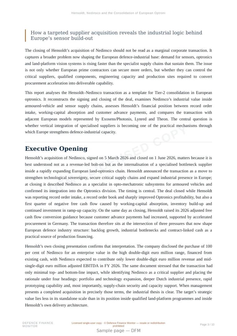 Sample page from “Hensoldt, Nedinsco and the Consolidation of European Optronics” — 11-page report