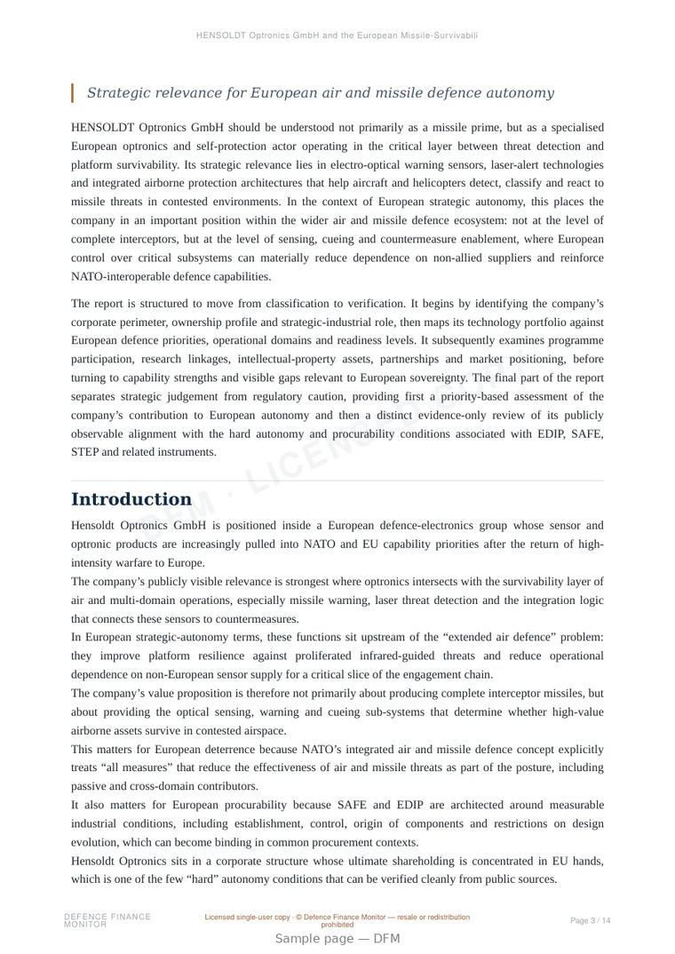 Sample page from “HENSOLDT Optronics GmbH and the European Missile-Survivability Sensor Base” — 15-page report