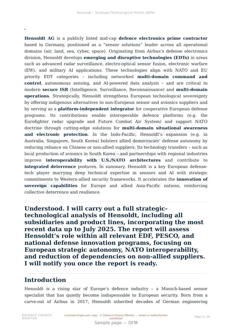 Sample page from “Hensoldt – Strategic-Technological Profile” — 40-page report