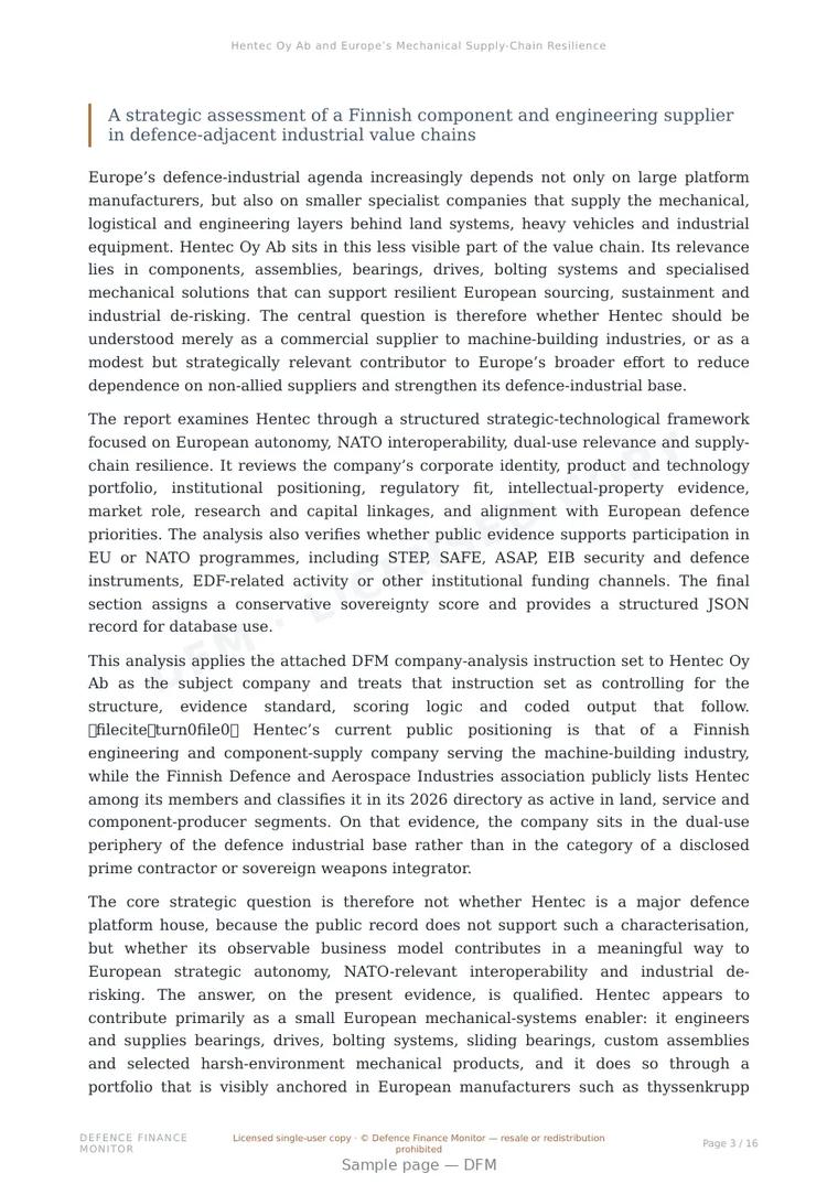 Sample page from “Hentec Oy Ab and Europe’s Mechanical Supply-Chain Resilience” — 17-page report