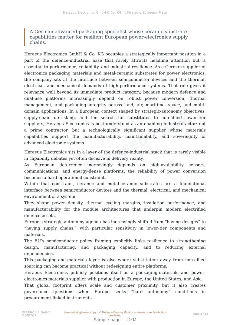 Sample page from “Heraeus Electronics GmbH & Co. KG: A Strategic European Materials Node in Defence-Relevant Power Electronics” — 15-page report