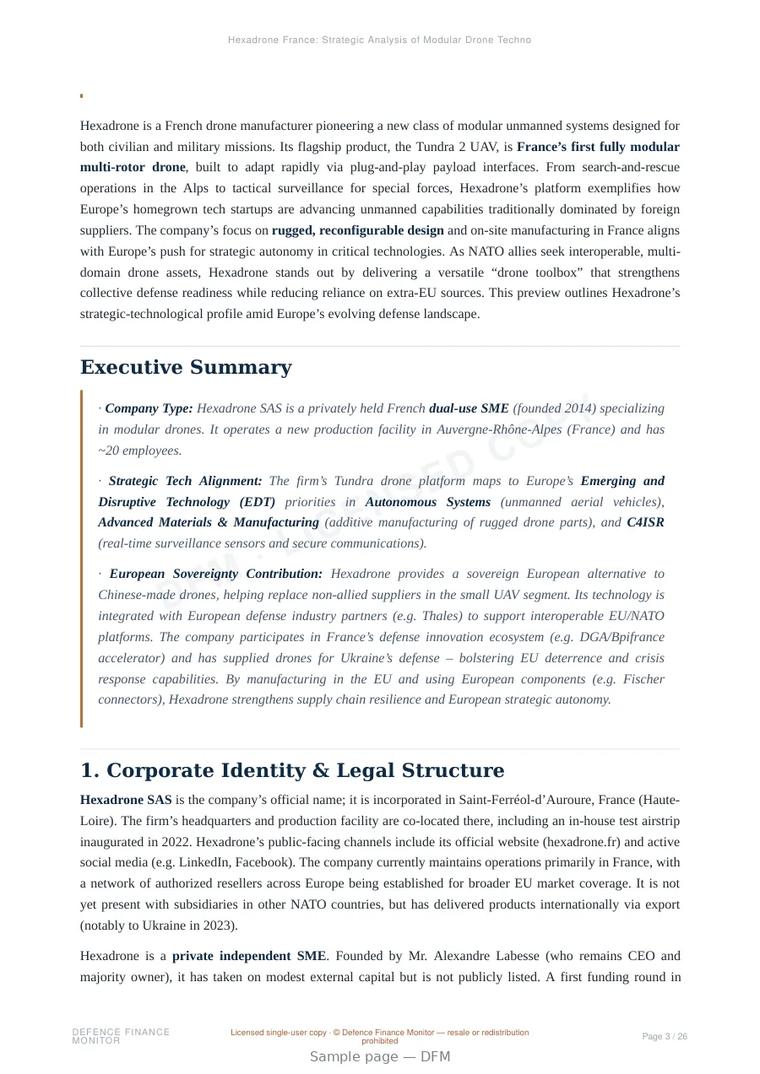 Sample page from “Hexadrone France: Strategic Analysis of Modular Drone Technologies for European Defence Autonomy” — 27-page report