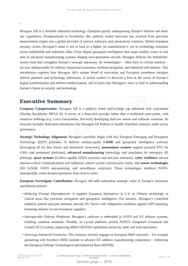 Sample page from “Hexagon AB — Sweden advanced sensors company” — 33-page report