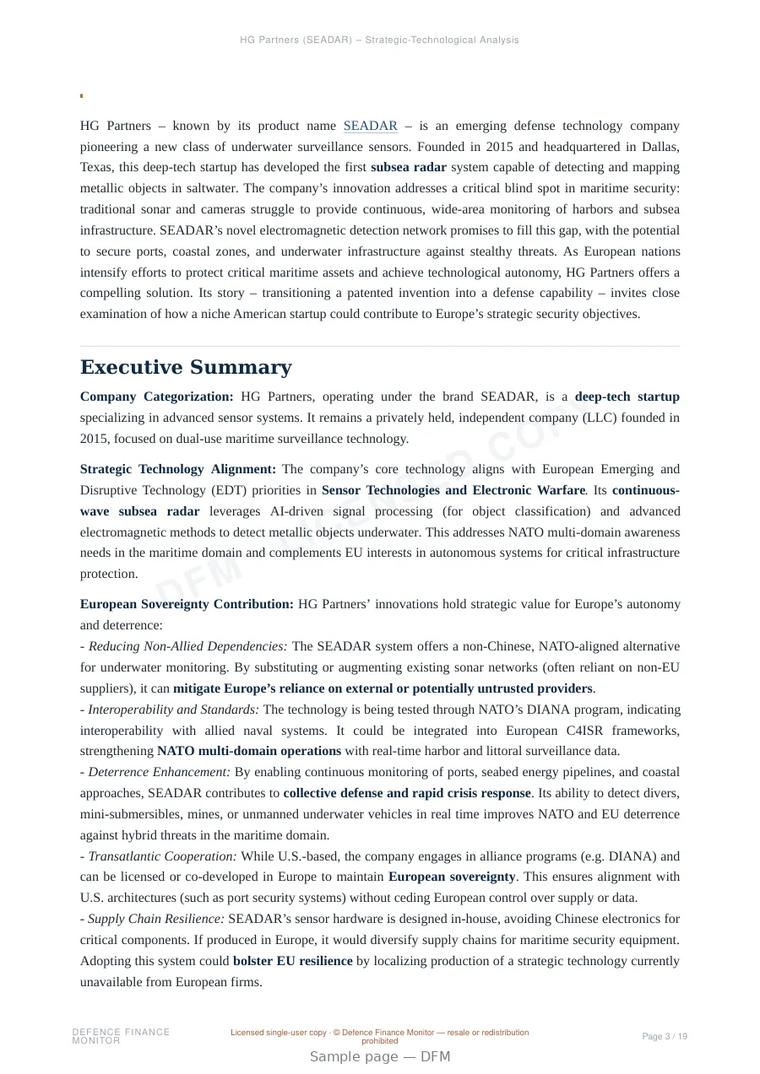 Sample page from “HG Partners (SEADAR) — United States radar systems company” — 20-page report