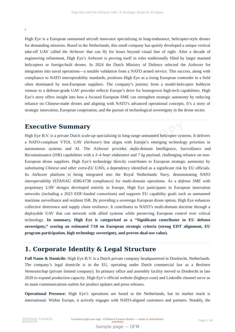 Sample page from “High Eye and the Airboxer UAV: A Strategic Asset for European Defense Autonomy” — 35-page report
