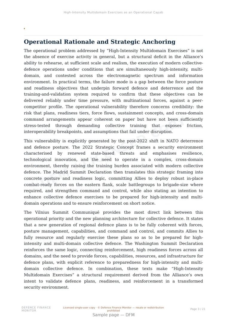 Sample page from “High-Intensity Multidomain Exercises as an Operational Capability Gap” — 22-page report