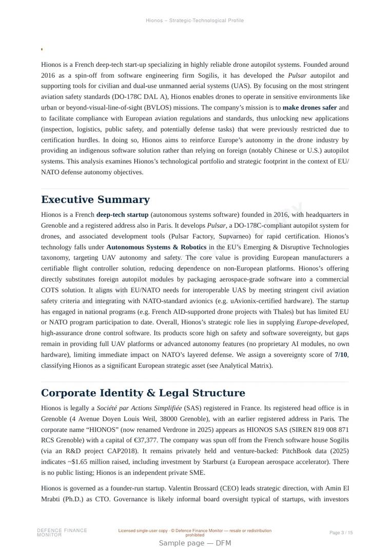 Sample page from “Hionos – Strategic-Technological Profile” — 16-page report
