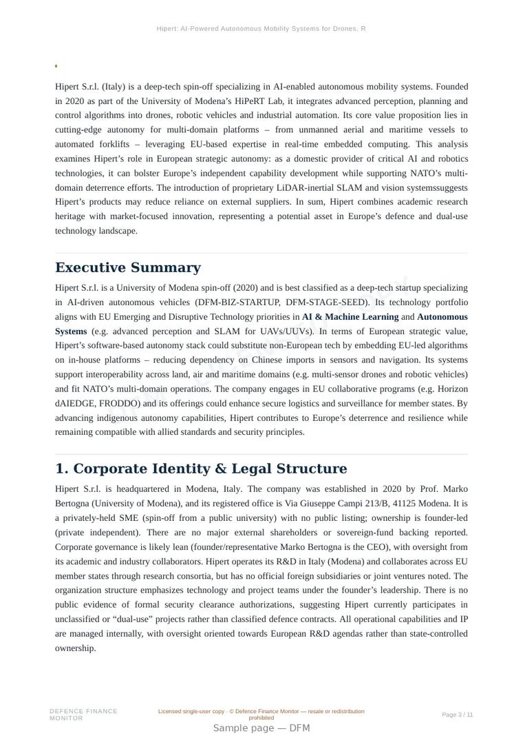Sample page from “Hipert: AI-Powered Autonomous Mobility Systems for Drones, Robots and Industrial Vehicles in Italy” — 12-page report