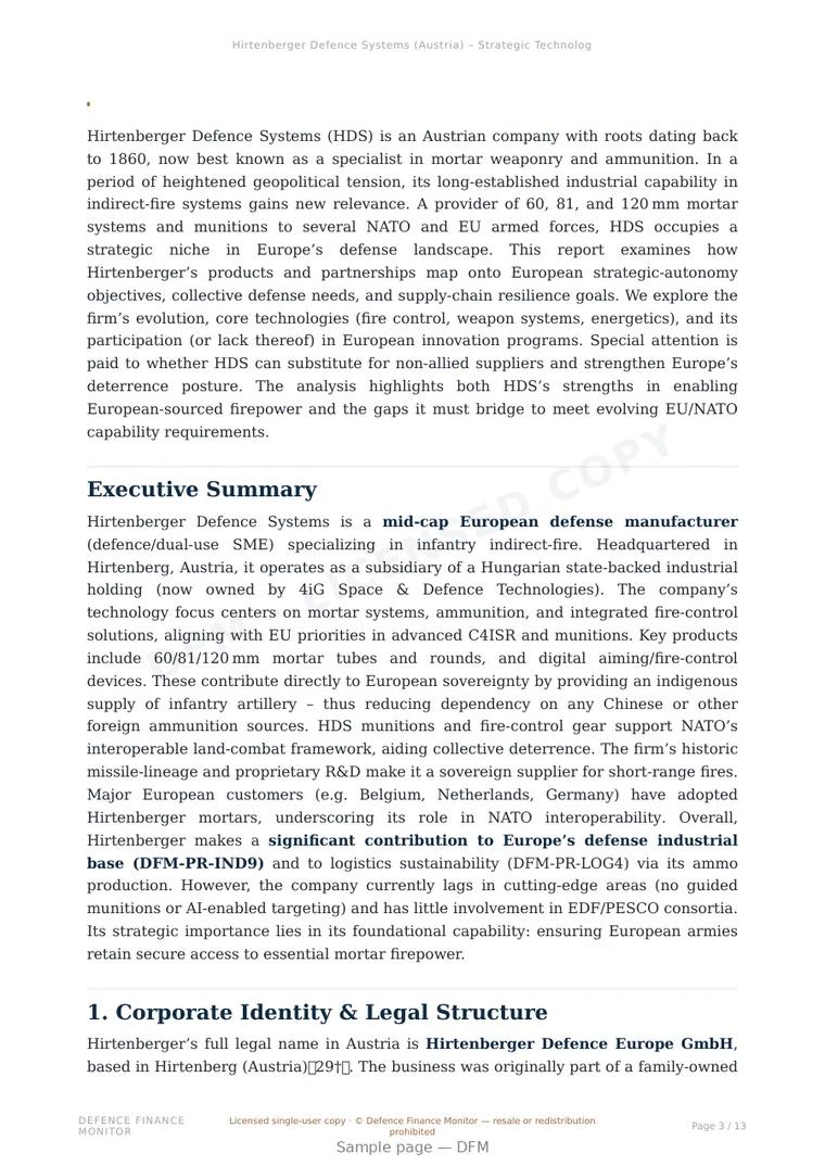 Sample page from “Hirtenberger Defence Systems (Austria) – Strategic Technological Analysis” — 14-page report