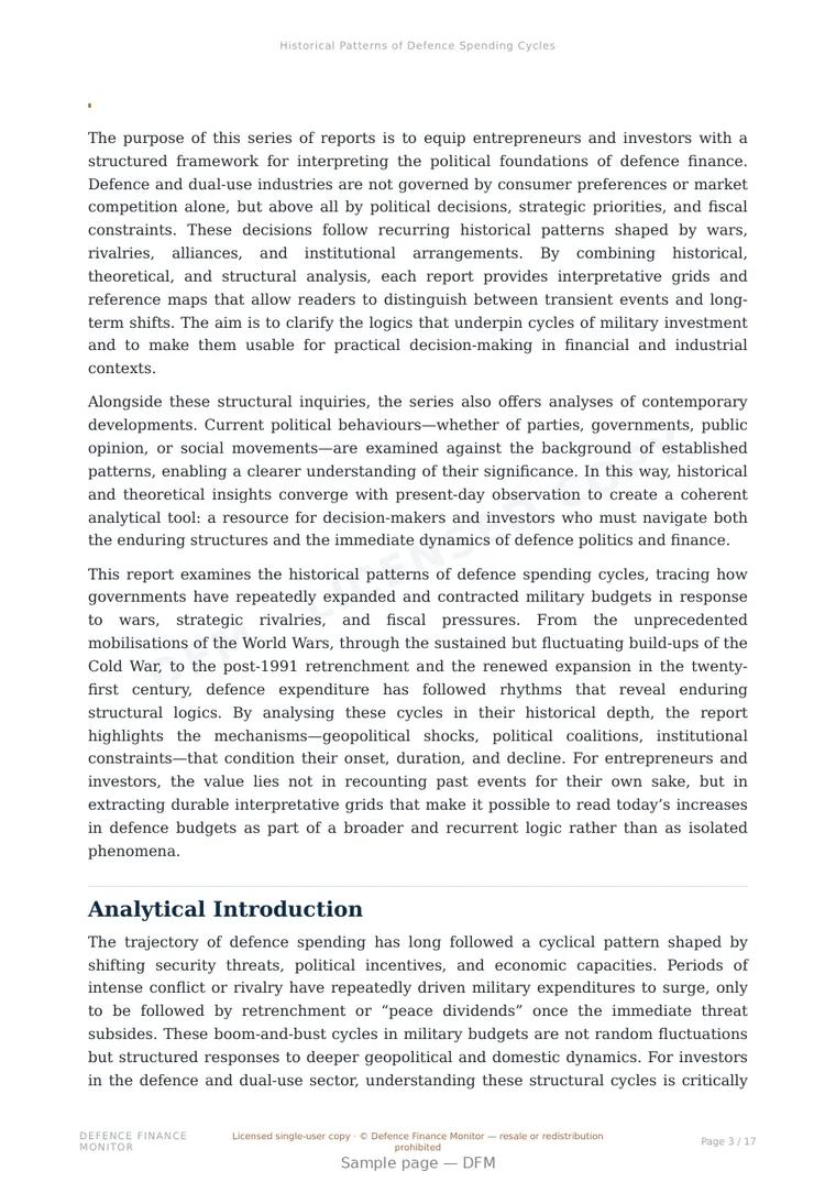 Sample page from “Historical Patterns of Defence Spending Cycles” — 18-page report