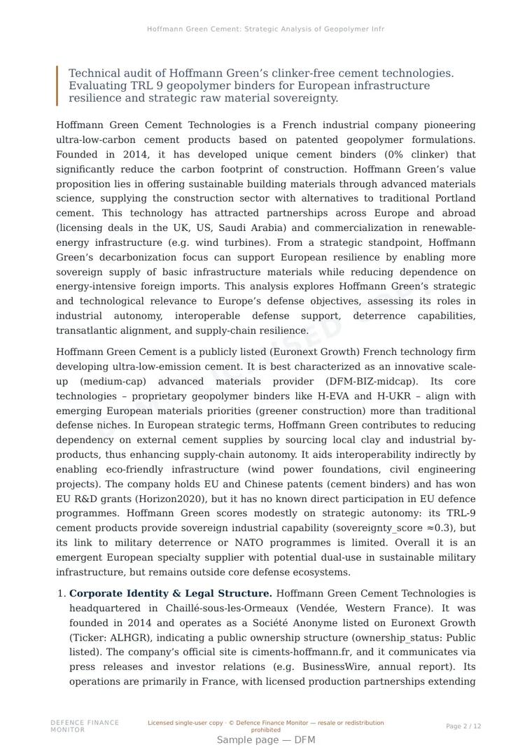 Sample page from “Hoffmann Green Cement: Strategic Analysis of Geopolymer Infrastructure and Material Autonomy” — 13-page report
