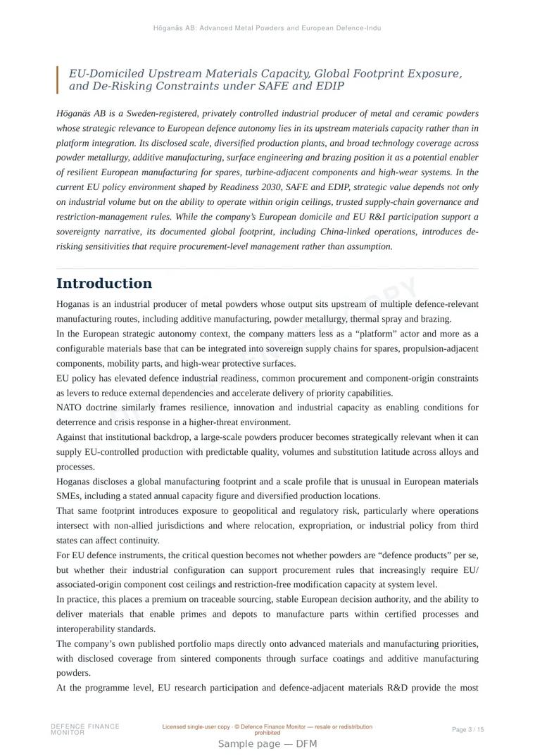 Sample page from “Höganäs AB: Advanced Metal Powders and European Defence-Industrial Resilience” — 16-page report