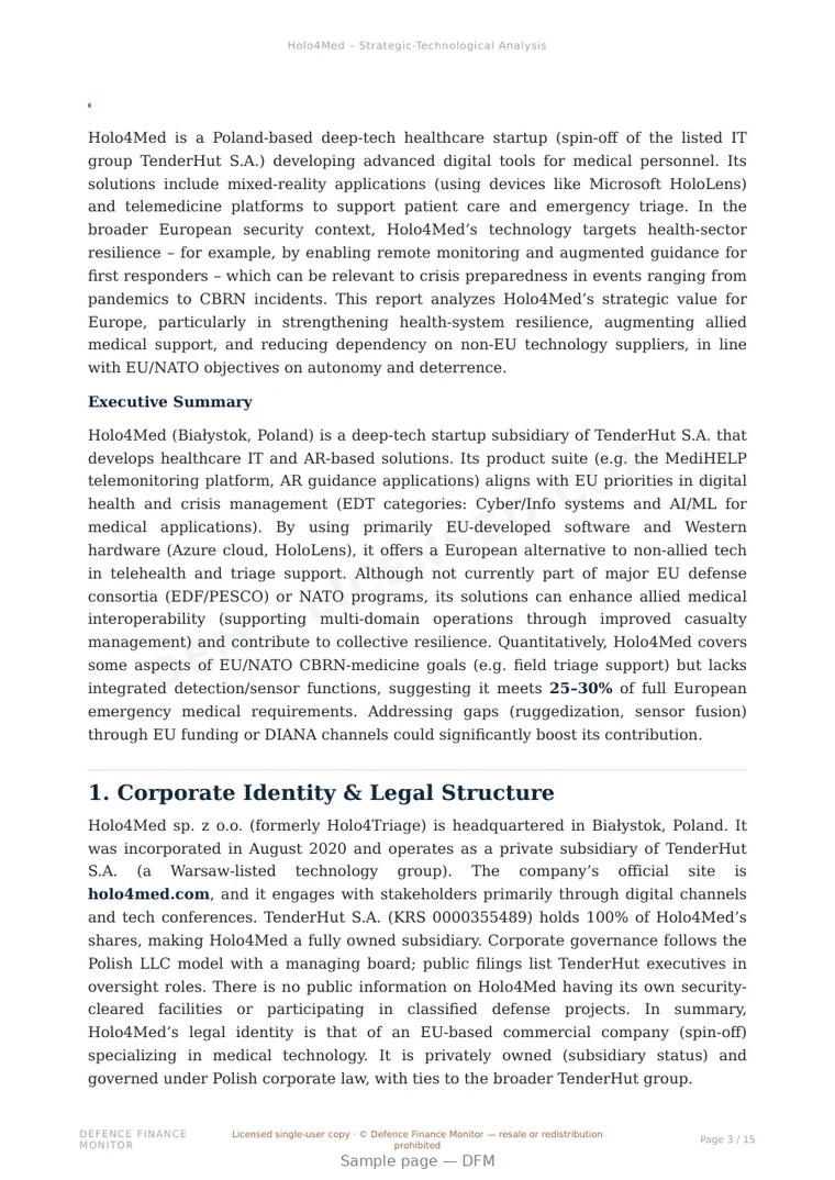 Sample page from “Holo4Med — Poland military medical tech company” — 16-page report