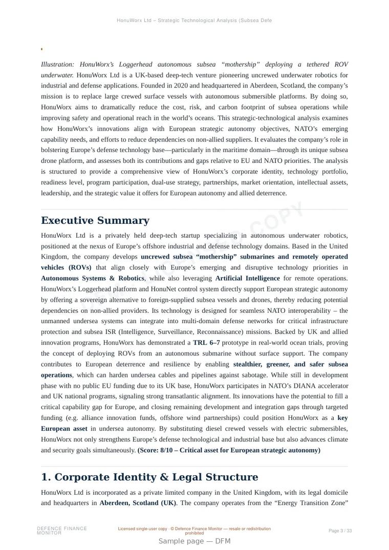 Sample page from “HonuWorx Ltd – Strategic Technological Analysis (Subsea Defense & Dual-Use Robotics)” — 34-page report
