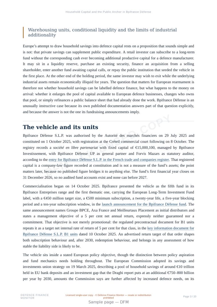 Sample page from “Household Capital and the Public Anchor in Bpifrance Défense” — 21-page report