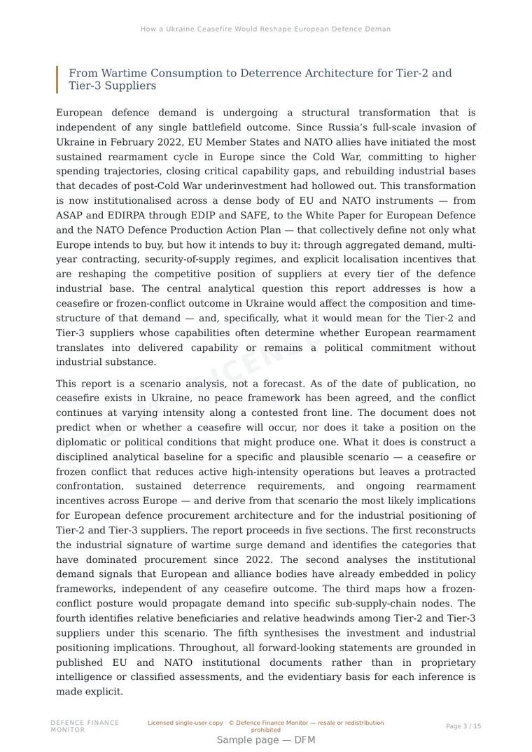 Sample page from “How a Ukraine Ceasefire Would Reshape European Defence Demand” — 16-page report