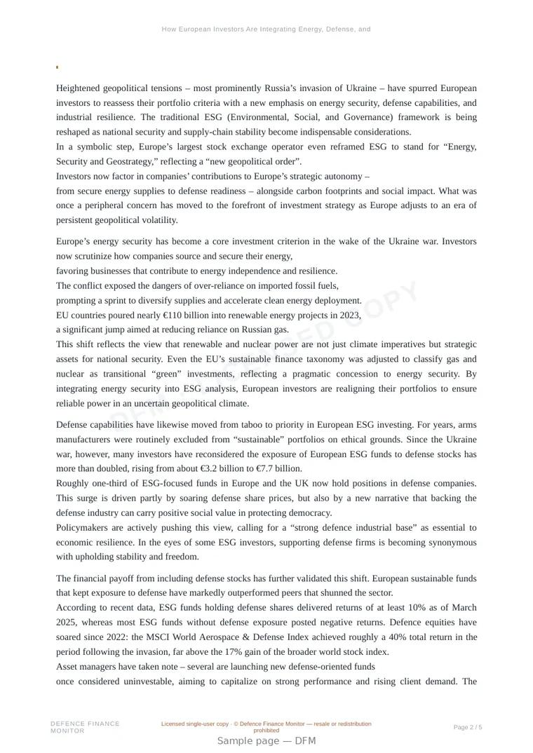 Sample page from “How European Investors Are Integrating Energy, Defense, and Resilience in Response to Geopolitical Tensions” — 6-page report