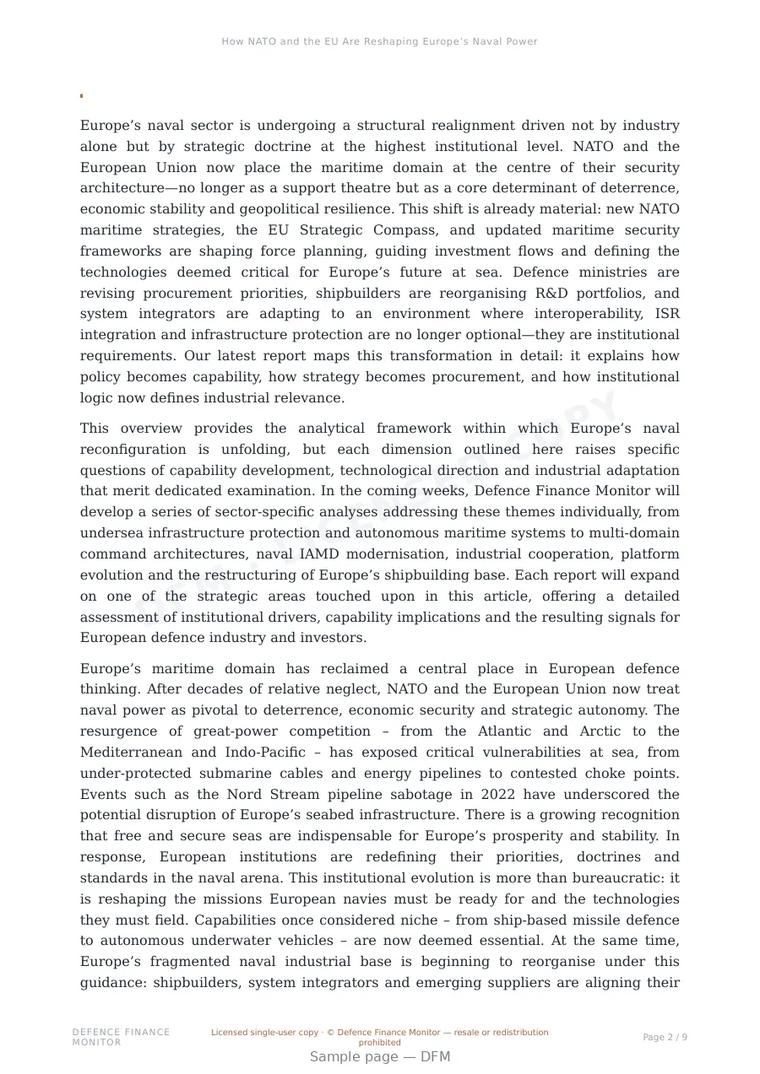 Sample page from “How NATO and the EU Are Reshaping Europe’s Naval Power” — 10-page report