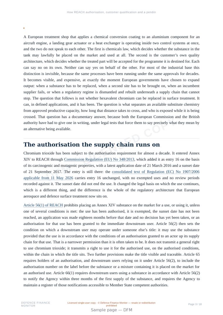 Sample page from “How REACH authorisation, customer qualification and a pending restriction shape supplier access and industrial investment” — 19-page report