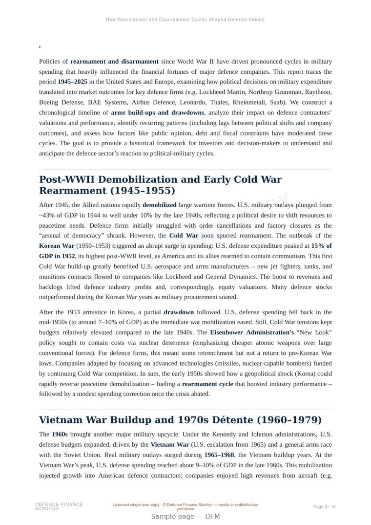 Sample page from “How Rearmament and Disarmament Cycles Shaped Defence Industry Valuations (1945–2025)” — 16-page report