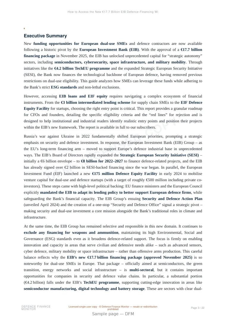 Sample page from “How to Access the New €17.7 Billion EIB Defence-Financing Window: A Practical Guide for Dual-Use SMEs in Europe” — 23-page report