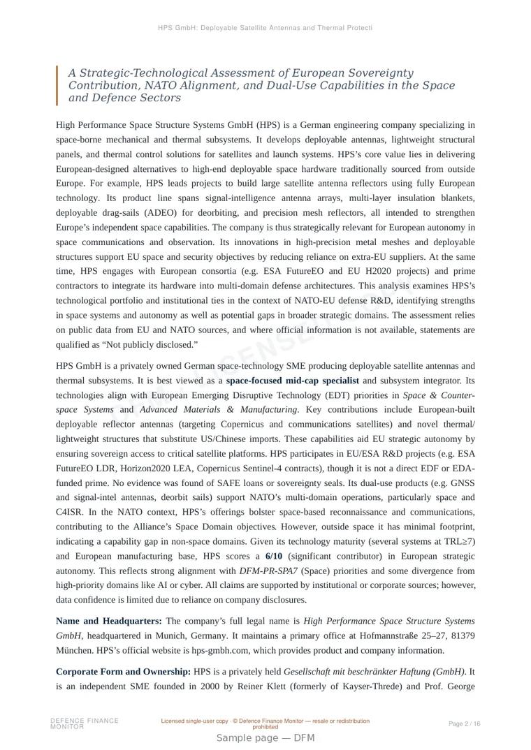 Sample page from “HPS GmbH: Deployable Satellite Antennas and Thermal Protection Technologies” — 17-page report