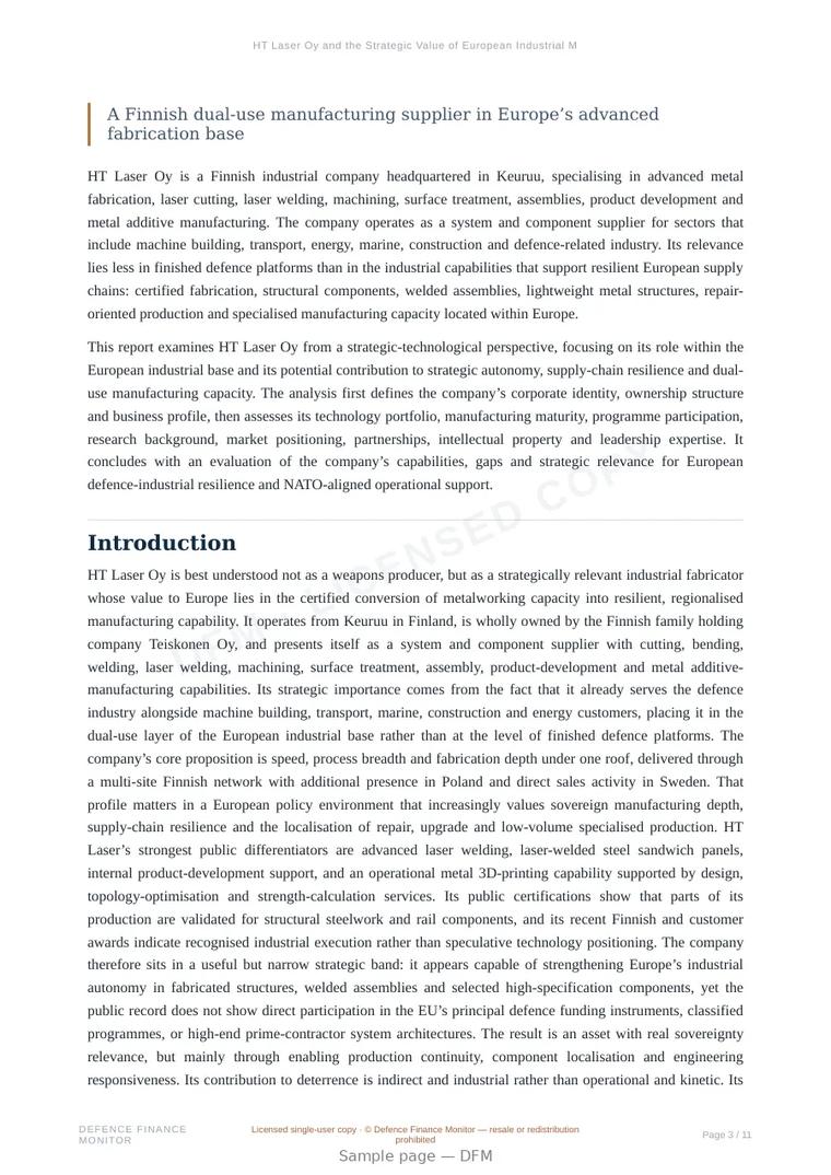 Sample page from “HT Laser Oy and the Strategic Value of European Industrial Manufacturing Capacity” — 12-page report