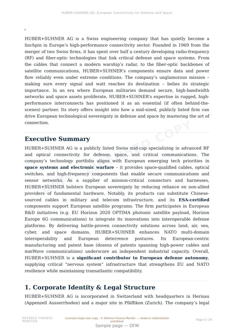 Sample page from “HUBER+SUHNER AG: European Connectivity for Defense and Space” — 30-page report