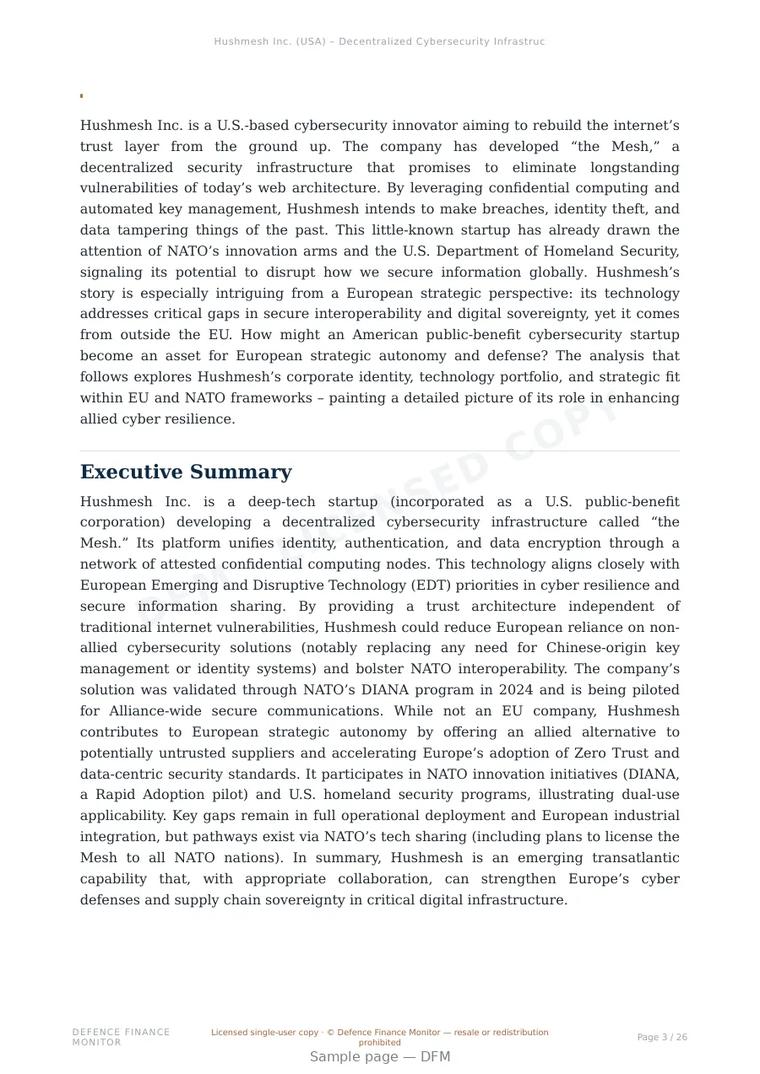 Sample page from “Hushmesh Inc. — United States cryptography company” — 27-page report