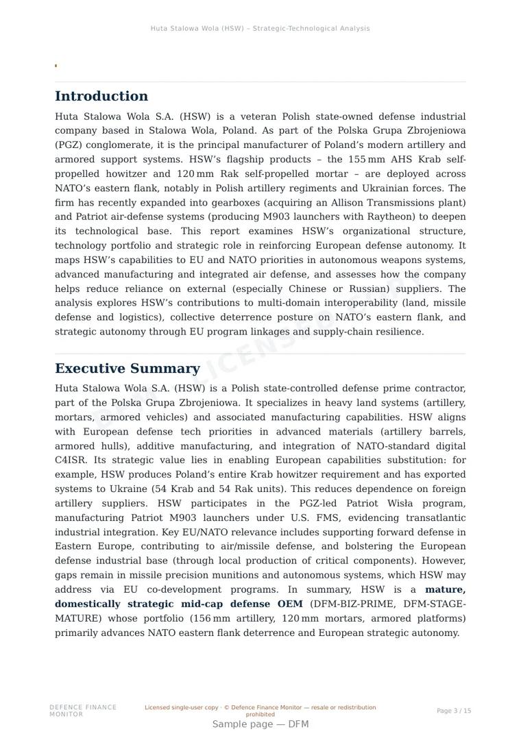 Sample page from “Huta Stalowa Wola S.A. (HSW) — Poland defence company” — 16-page report