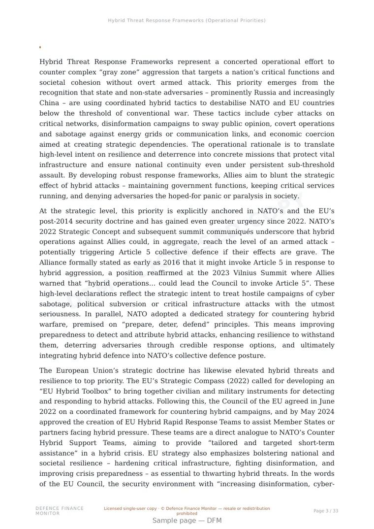 Sample page from “Hybrid Threat Response Frameworks (Operational Priorities)” — 34-page report