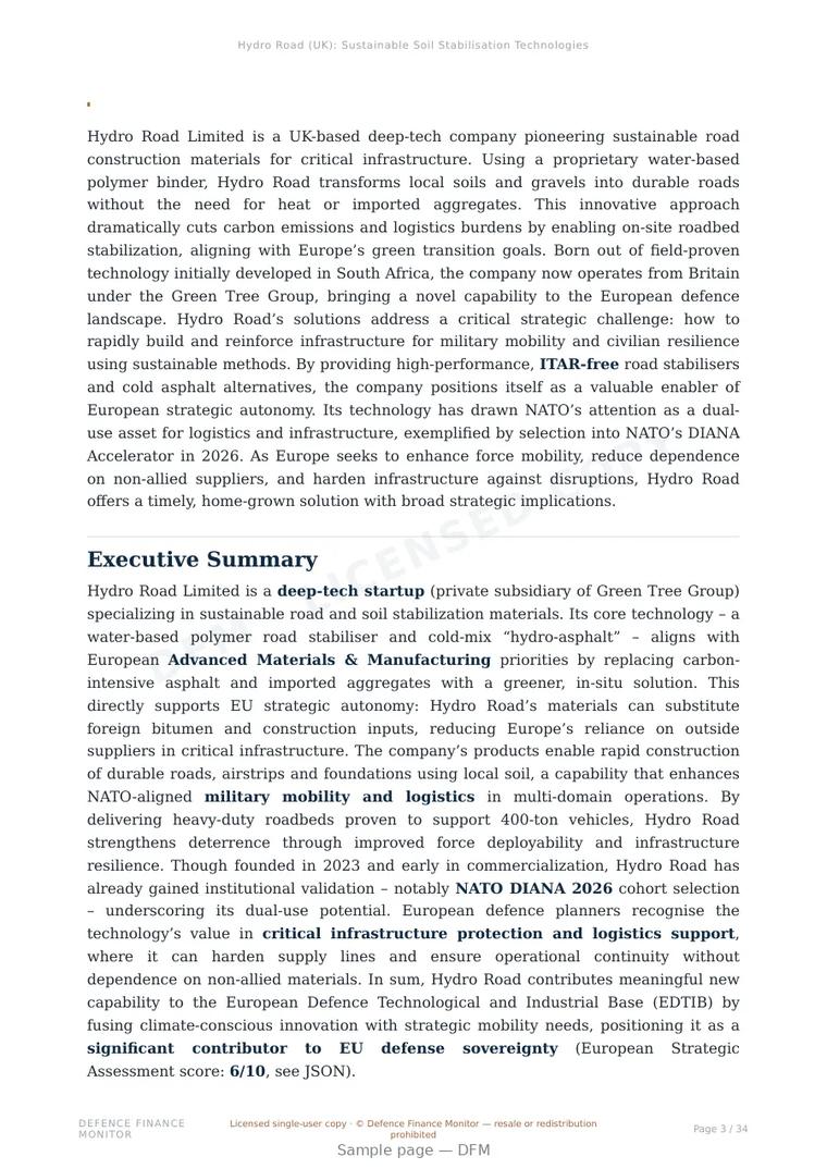 Sample page from “Hydro Road (UK): Sustainable Soil Stabilisation Technologies for Strategic Defence and Infrastructure Mobility” — 35-page report