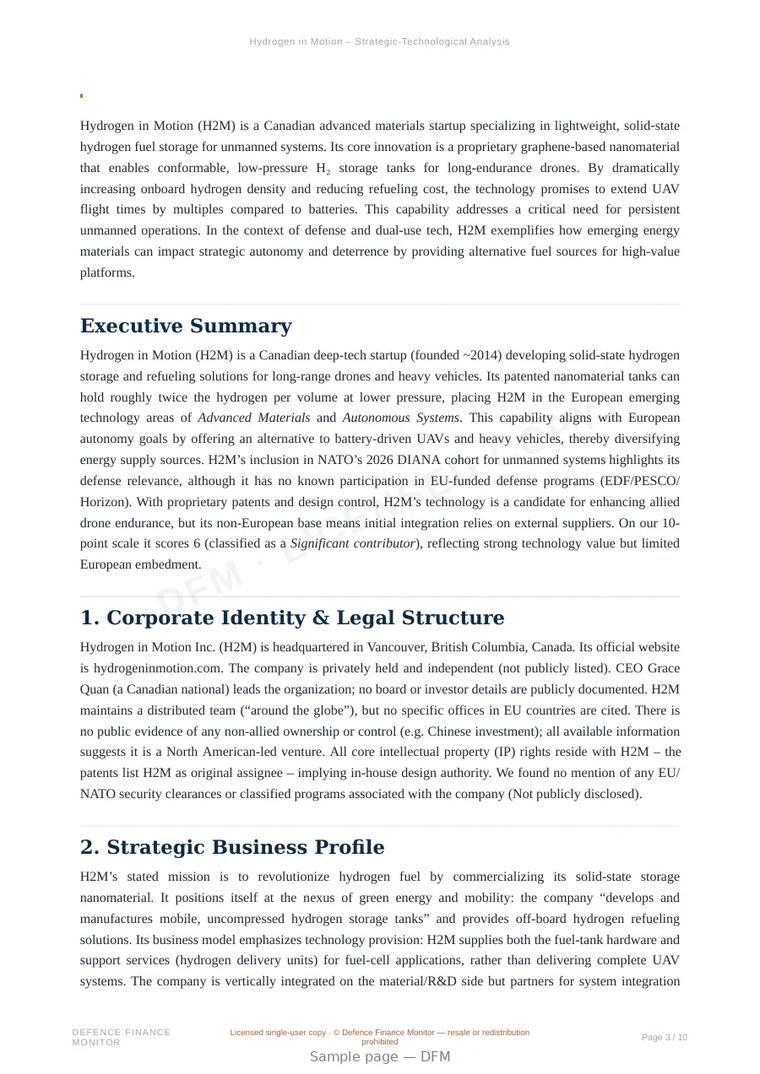 Sample page from “Hydrogen in Motion — autonomous systems company” — 11-page report