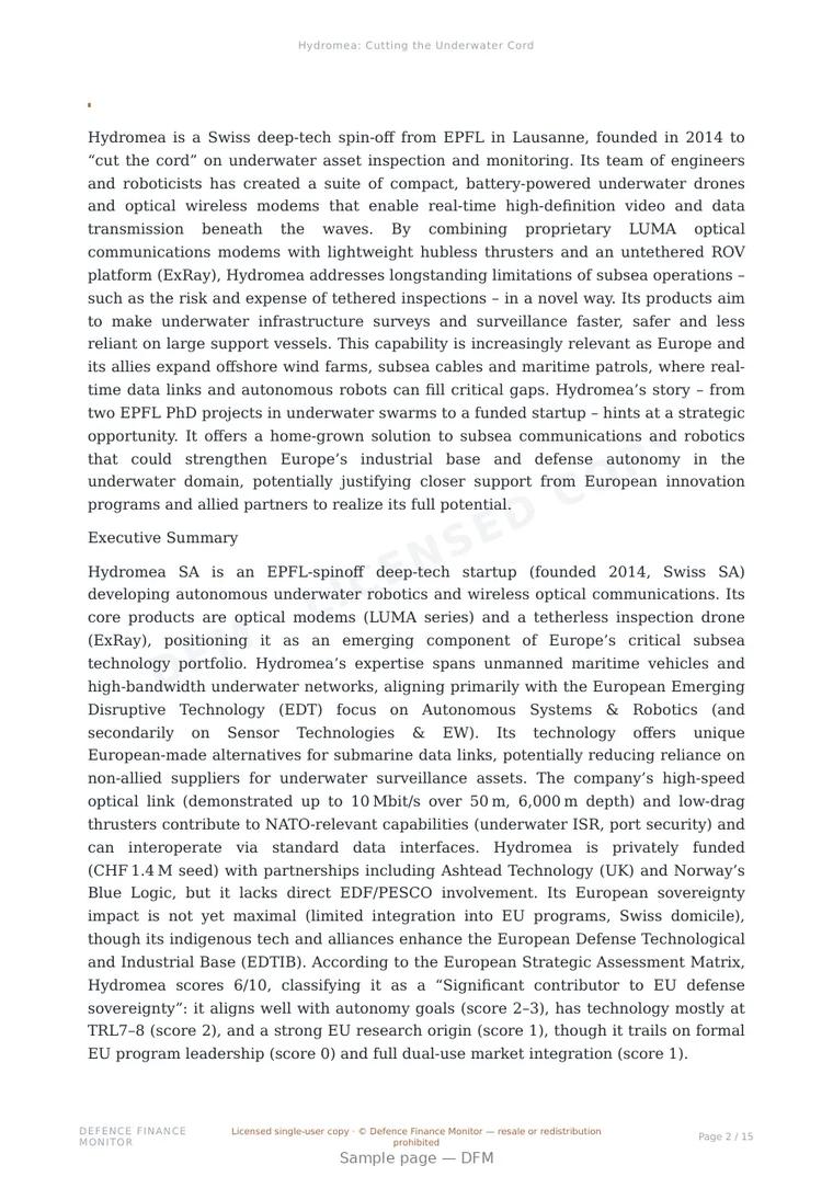 Sample page from “Hydromea: Cutting the Underwater Cord” — 16-page report
