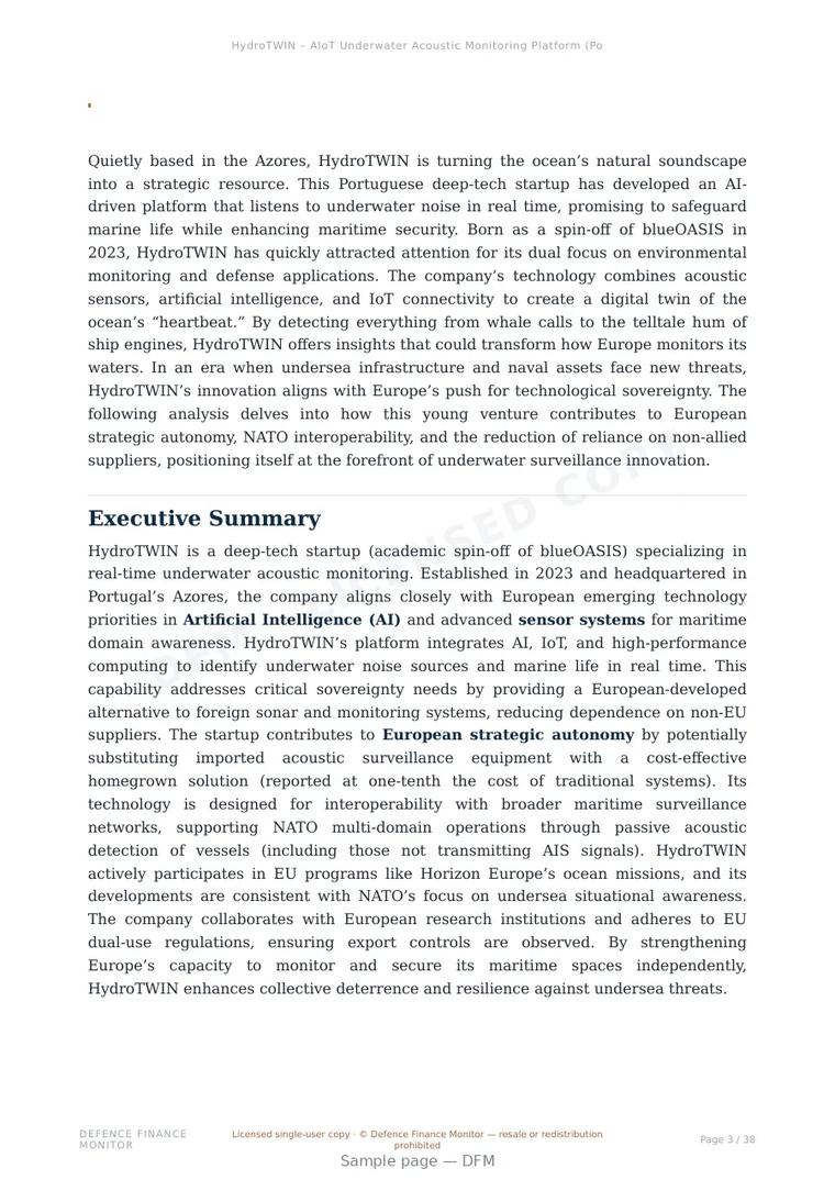 Sample page from “HydroTWIN – AIoT Underwater Acoustic Monitoring Platform (Portugal)” — 39-page report