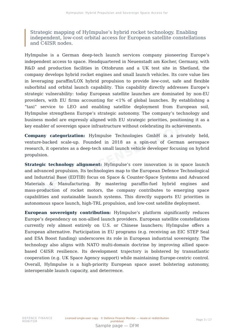 Sample page from “HyImpulse: Hybrid Propulsion and Sovereign Space Access for Europe” — 18-page report