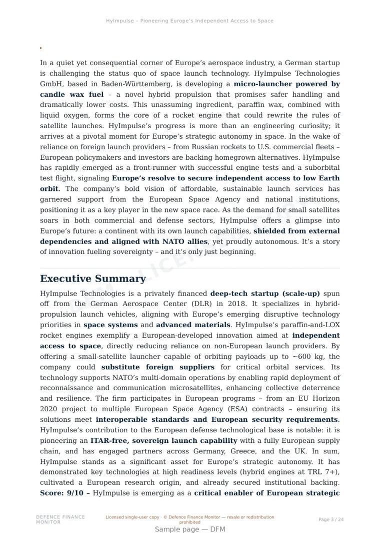 Sample page from “HyImpulse – Pioneering Europe’s Independent Access to Space” — 25-page report
