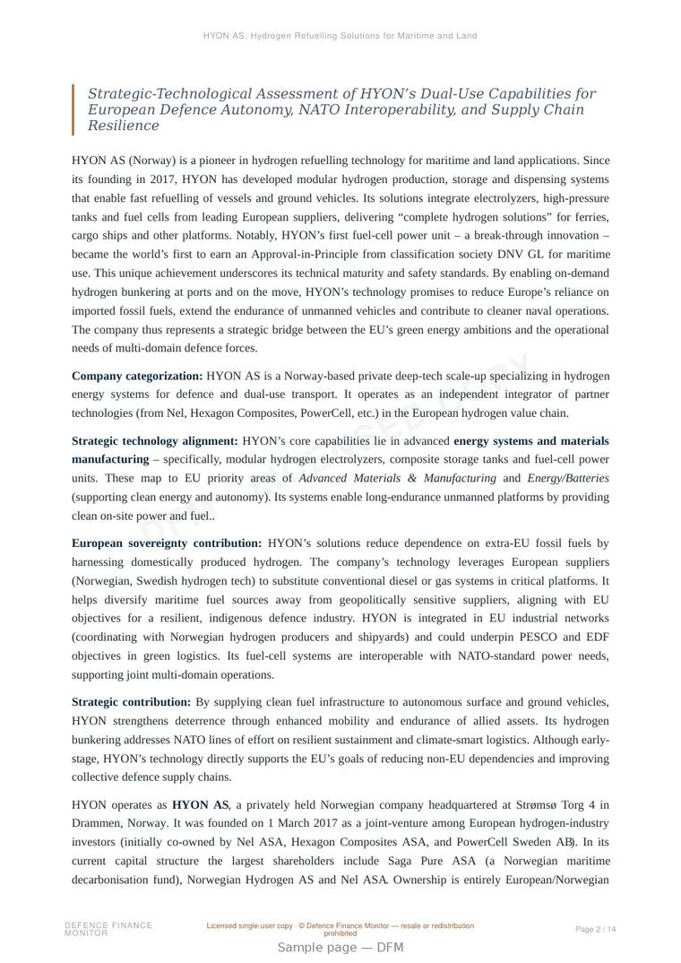 Sample page from “HYON AS: Hydrogen Refuelling Solutions for Maritime and Land-Based Platforms” — 15-page report