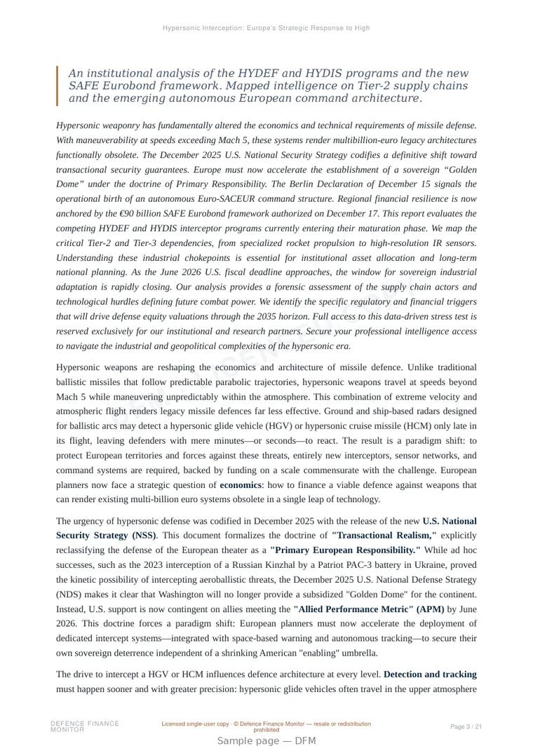 Sample page from “Hypersonic Interception: Europe’s Strategic Response to High-Velocity Threats” — 22-page report