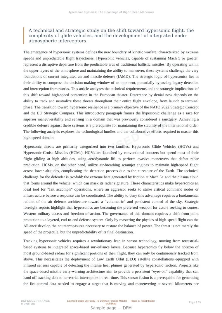 Sample page from “Hypersonic Systems: The Challenge of High-Speed Maneuver” — 6-page report