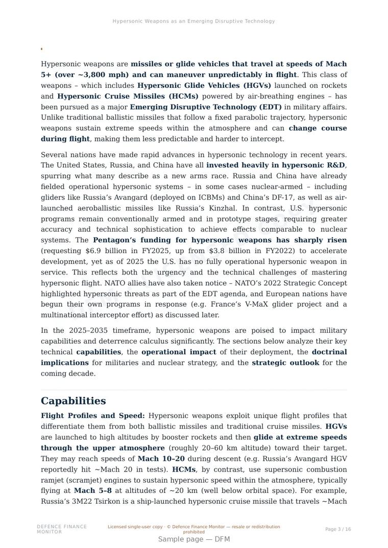 Sample page from “Hypersonic Weapons as an Emerging Disruptive Technology” — 17-page report