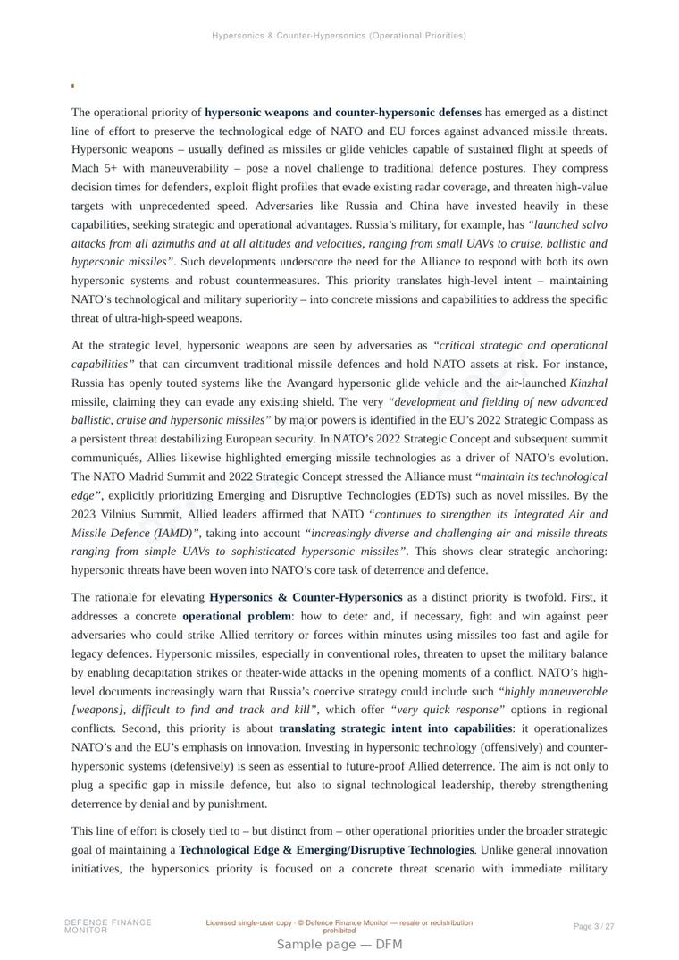 Sample page from “Hypersonics & Counter-Hypersonics (Operational Priorities)” — 28-page report