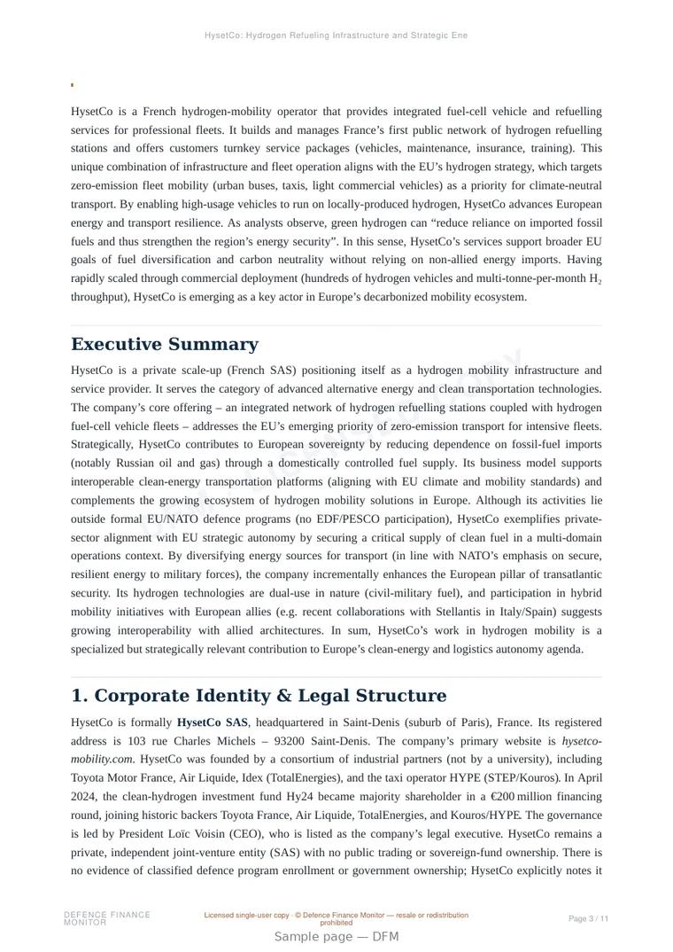 Sample page from “HysetCo: Hydrogen Refueling Infrastructure and Strategic Energy Logistics” — 12-page report