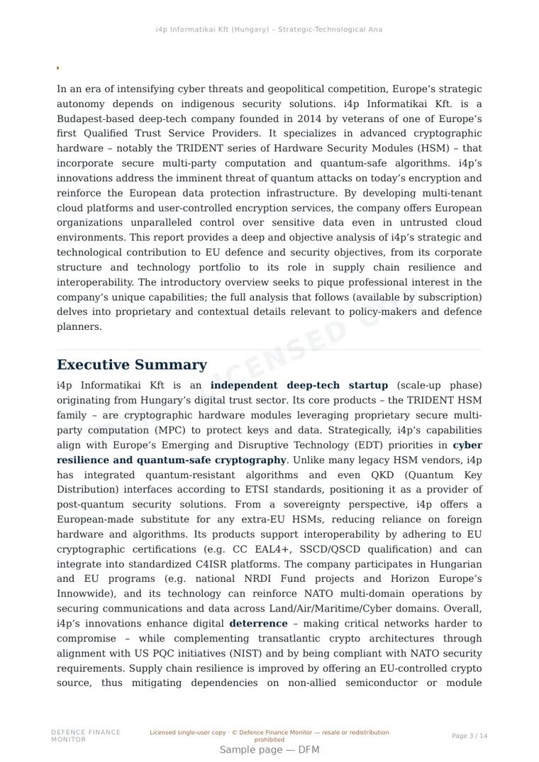Sample page from “i4p Informatikai Kft. — Hungary cryptography company” — 15-page report
