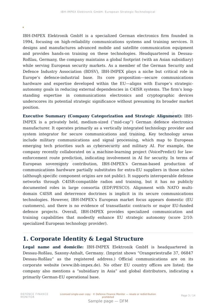 Sample page from “IBH-IMPEX Elektronik GmbH — Germany secure communications company” — 15-page report