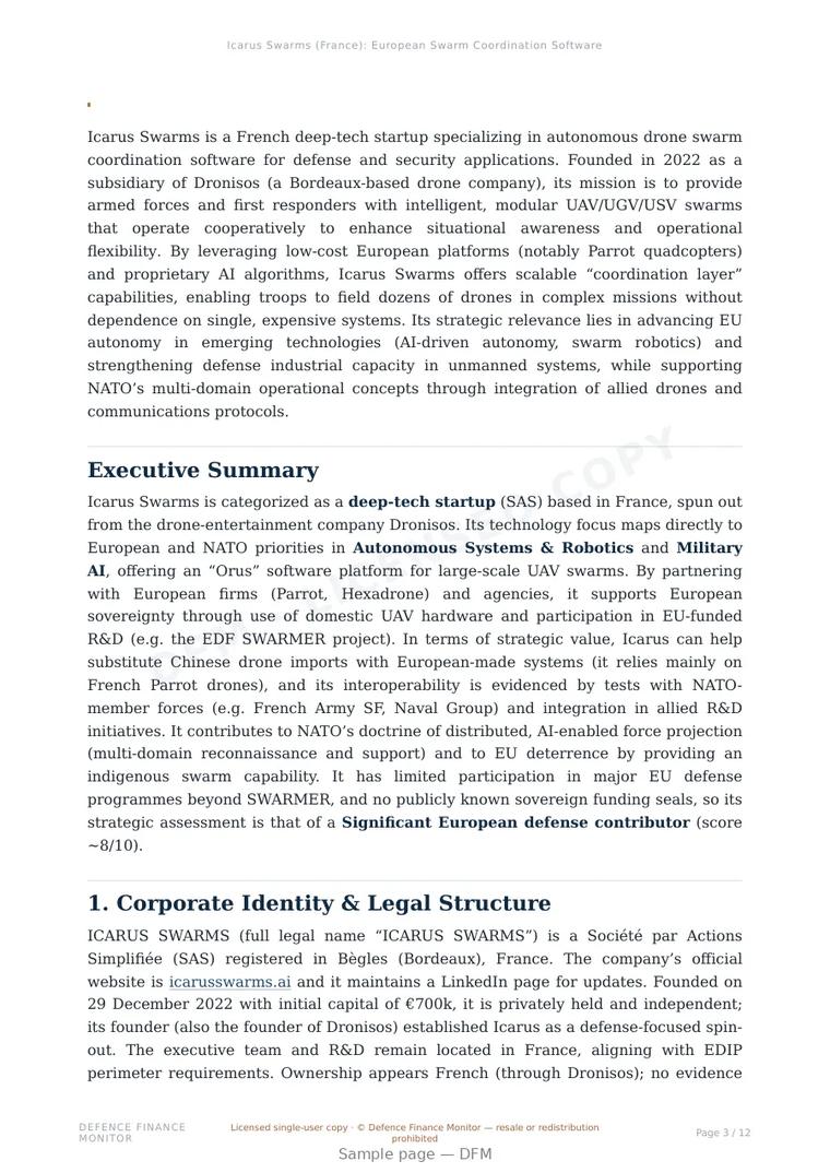 Sample page from “Icarus Swarms (France): European Swarm Coordination Software for Low-Cost Micro-UAV Operations” — 13-page report