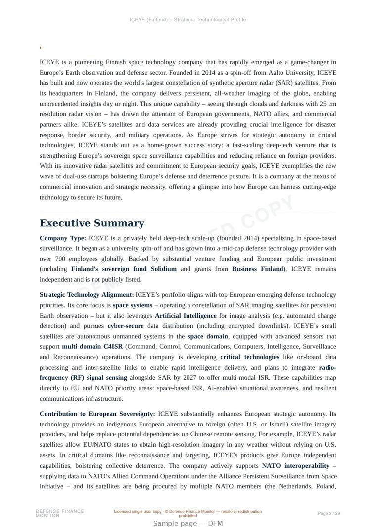 Sample page from “ICEYE (Finland) – Strategic Technological Profile” — 30-page report