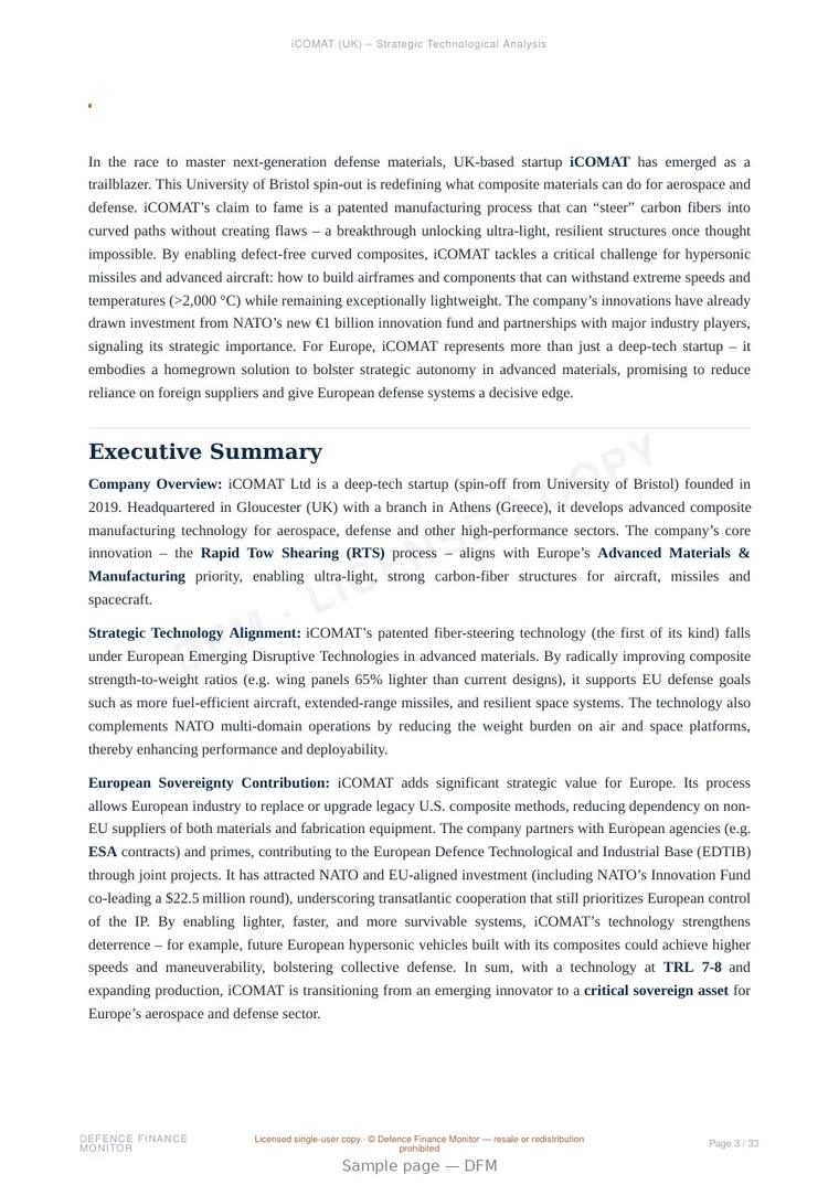 Sample page from “iCOMAT (UK) – Strategic Technological Analysis” — 34-page report