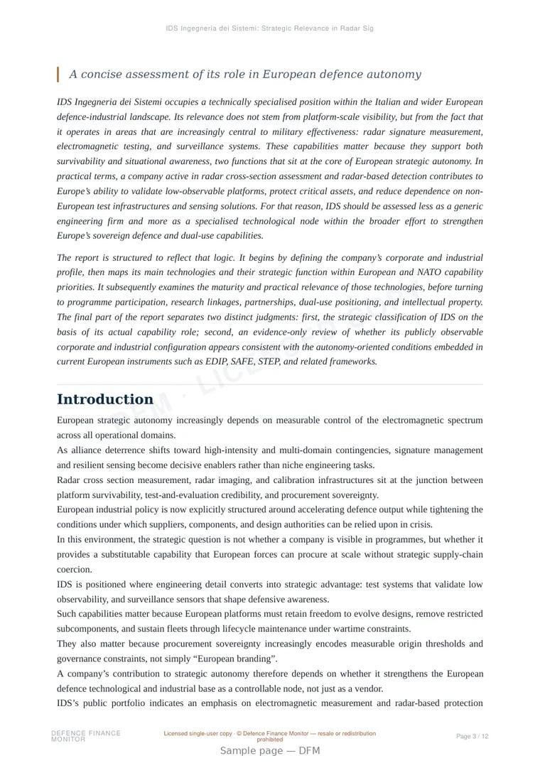 Sample page from “IDS Ingegneria dei Sistemi: Strategic Relevance in Radar Signature Management and Surveillance” — 13-page report