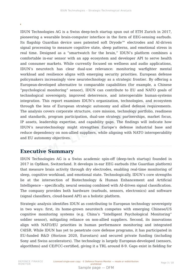 Sample page from “IDUN Technologies AG — Switzerland human enhancement company” — 19-page report